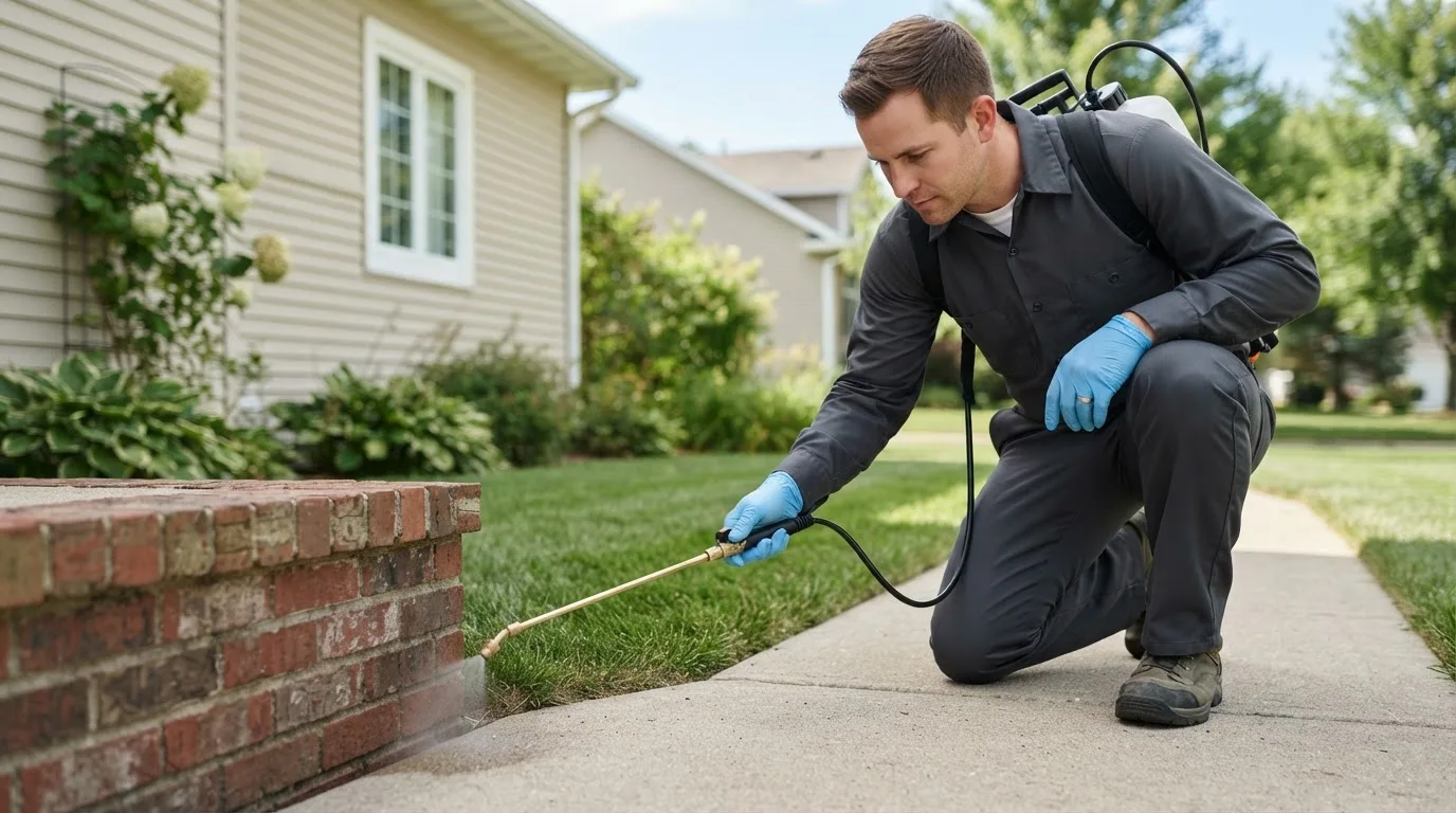 Pest control technician treating a home near Linton, ND
