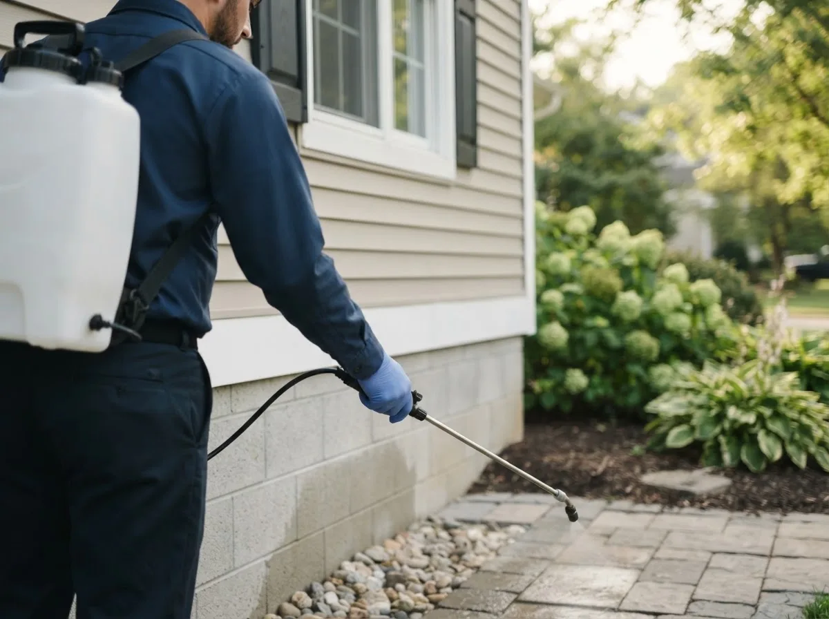 Pest control technician inspecting a home in Linton, ND